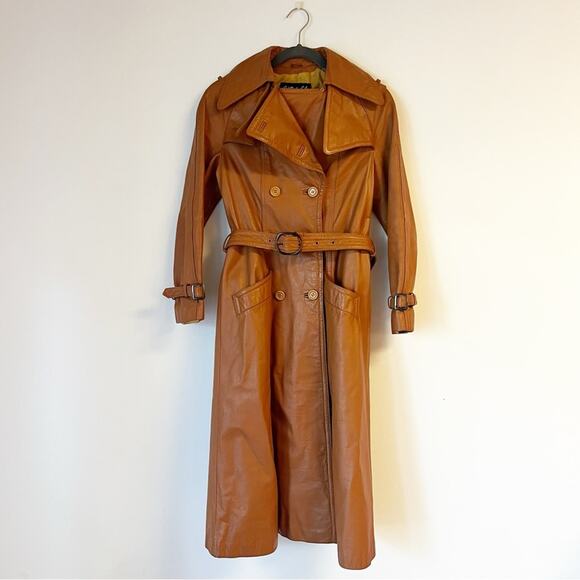 Jet Set Jackets & Blazers - VINTAGE 1970s Jet Set of California Tan Cowhide Leather Trench Coat Belted